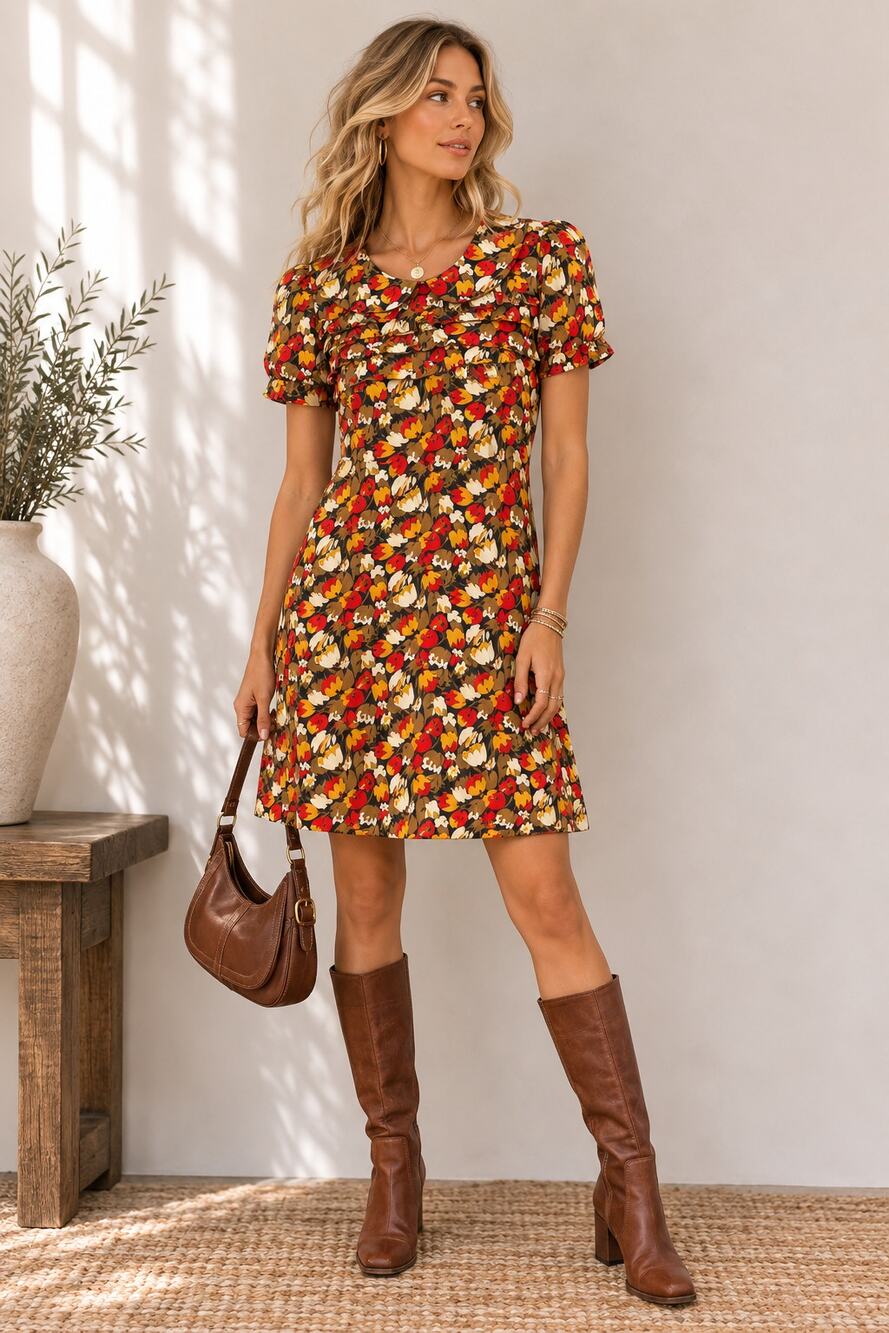 Karen Walker Hi There Orange & Red Tulip Print Peter Pan Collar Retro Dress 6